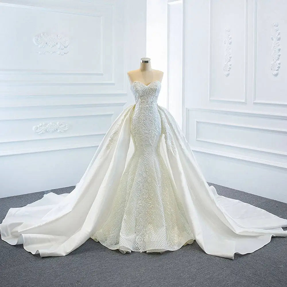 Lace Mermaid Wedding Dress Wears Two Fishtail Train