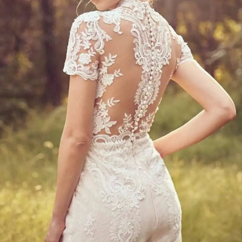 Lace Short Sleeve Bride Pants Suit Wedding Jumpsuit