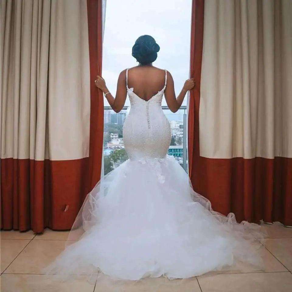 Lace Sleeveless Big Tail African Mermaid Wedding Dress