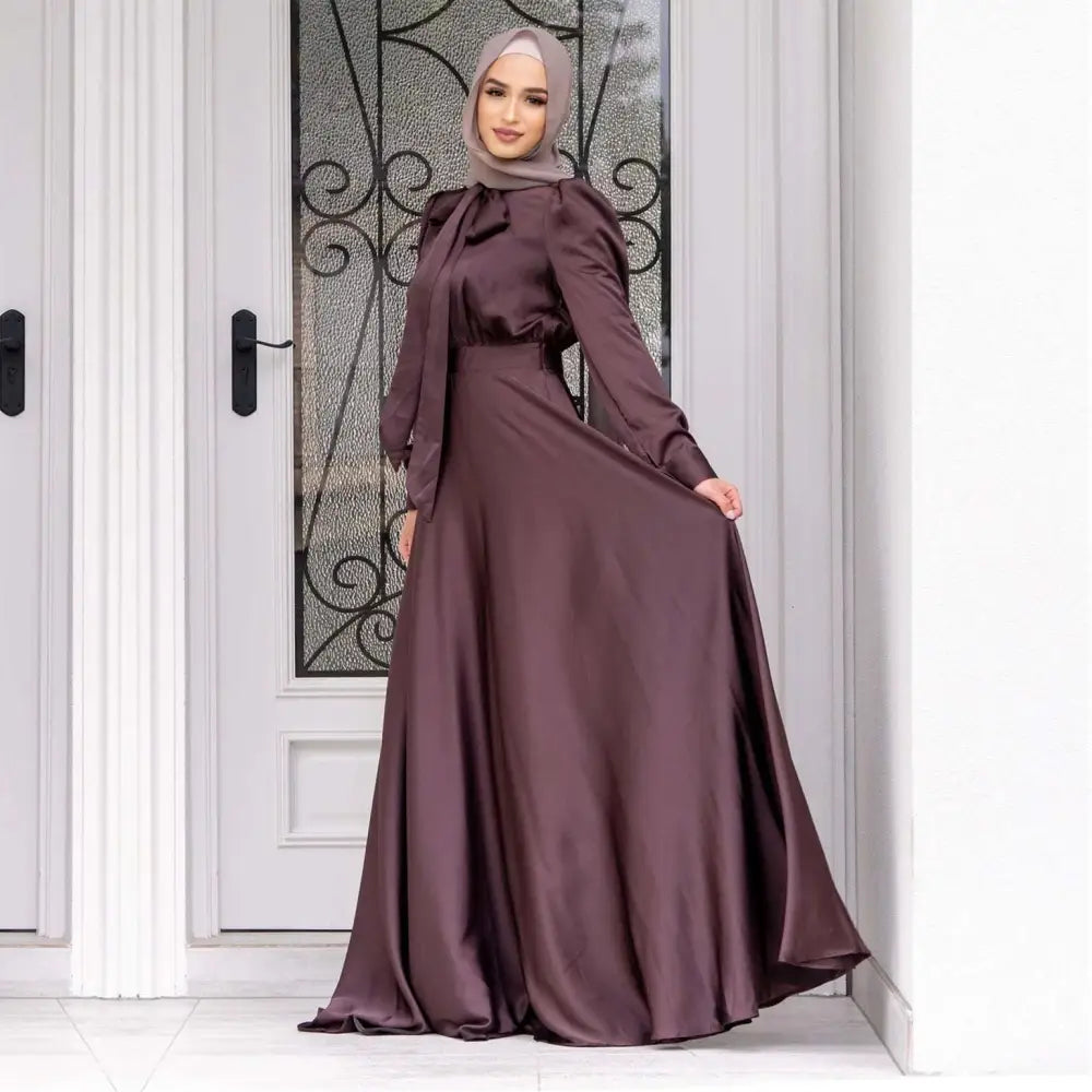 Large Hem Satin Dress Long Sleeve Abaya