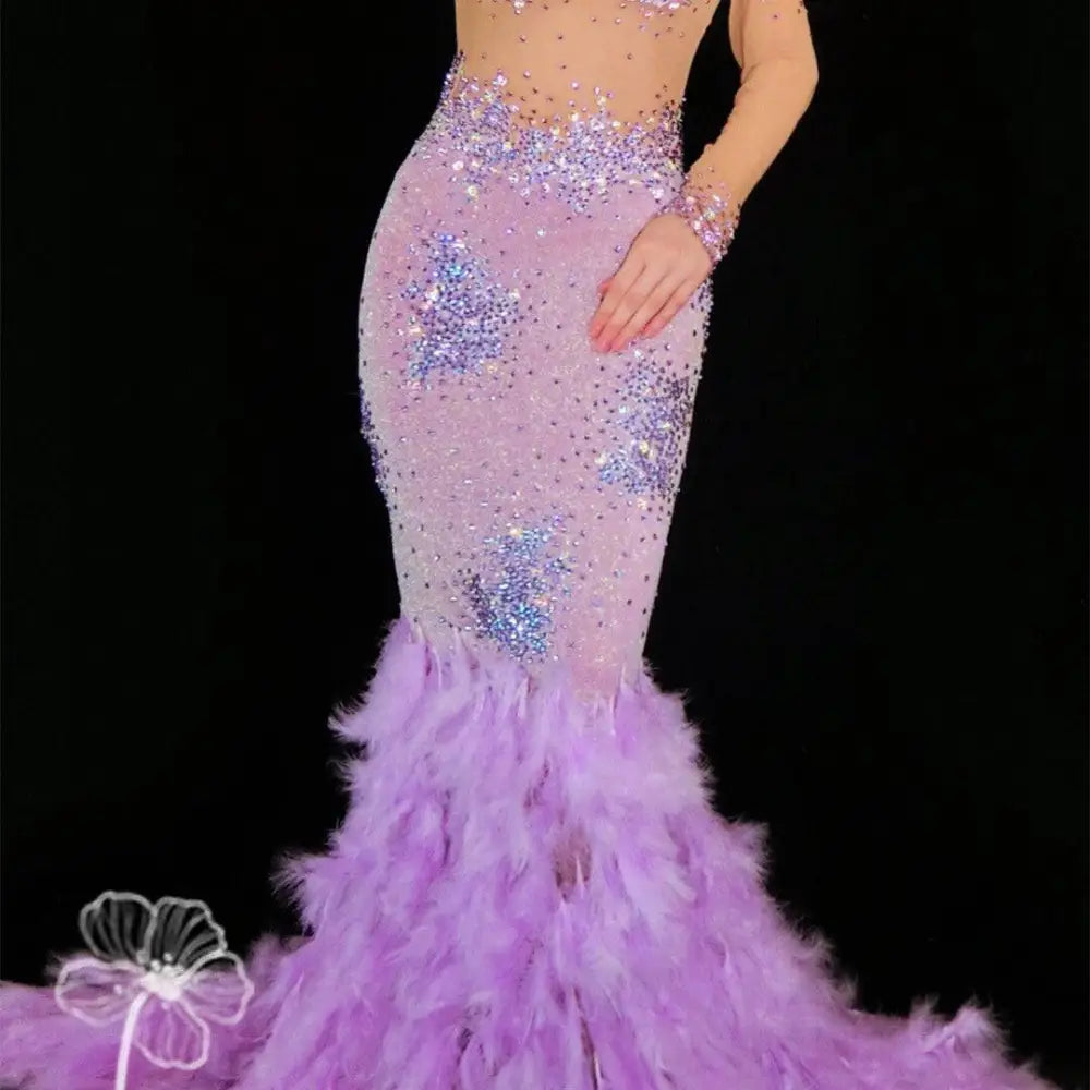 Lavender Diamond Feather Mesh Wrap Hip Dress