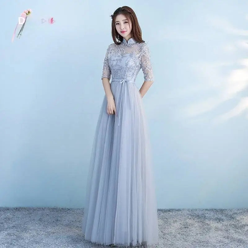 Long Bridesmaid Blue Lace and Tulle Dress with Sleeves
