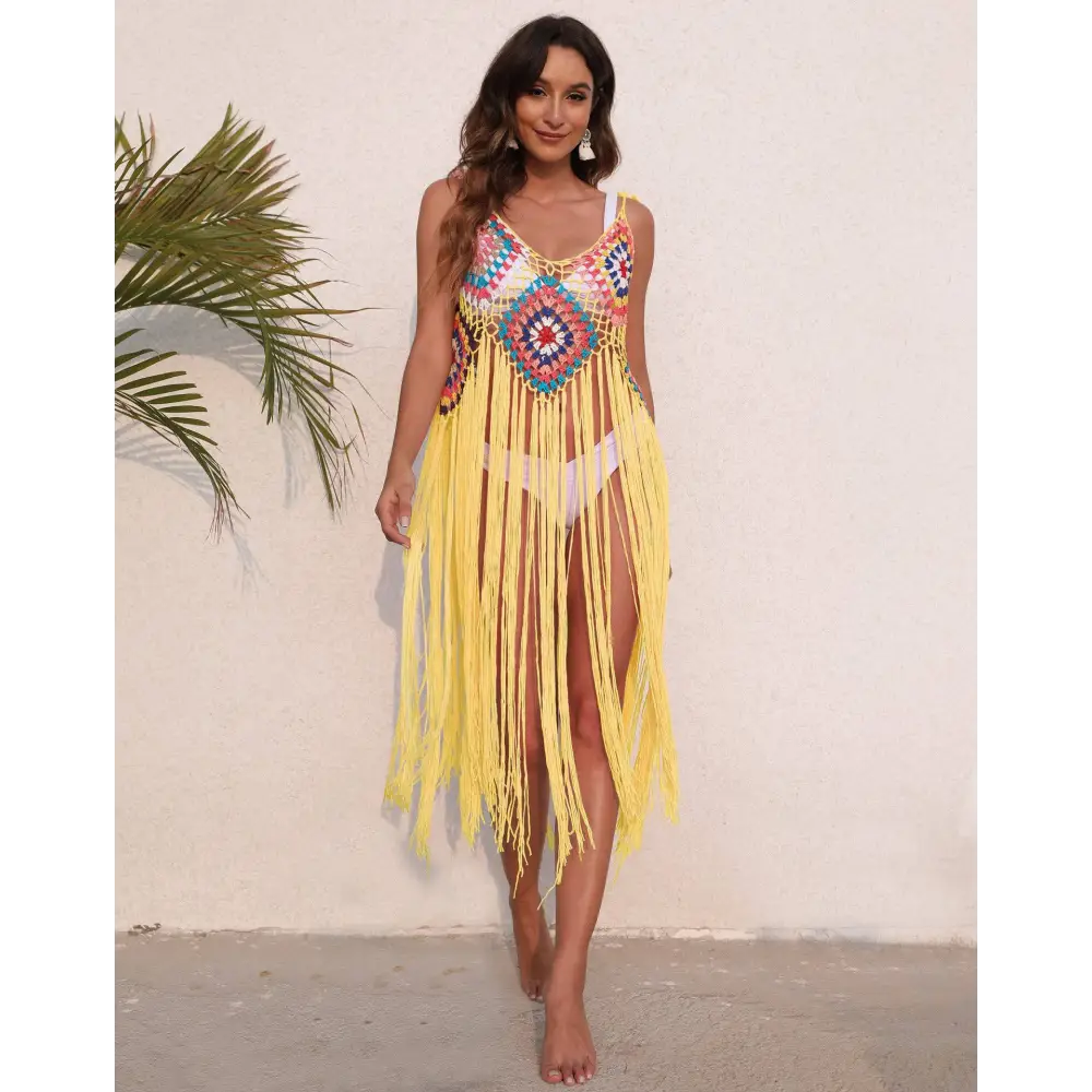 Long Fringed Panel Beach Blouse Crochet Dress