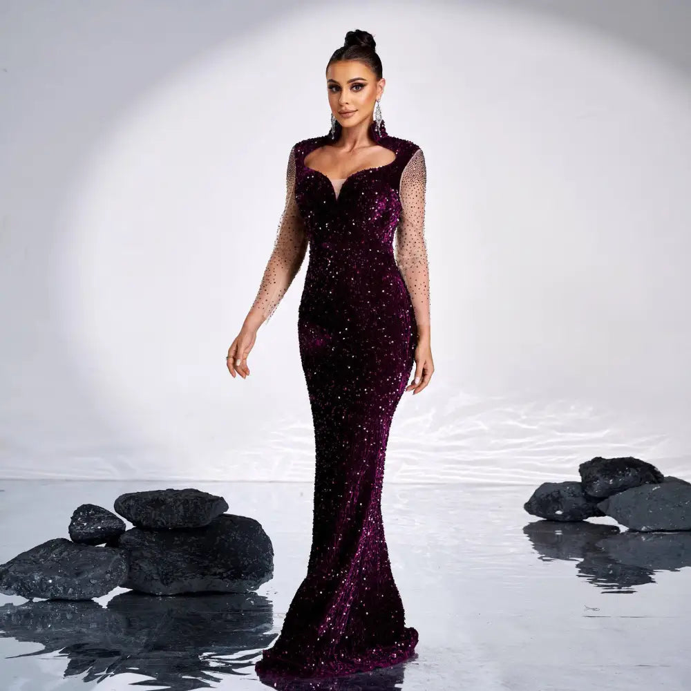 Long Sleeve Banquet Sequined Rhinestone Fishtail Dress