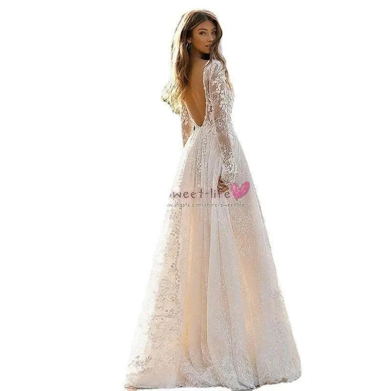 Long Sleeve Wedding Dress Lace V Neck Gown