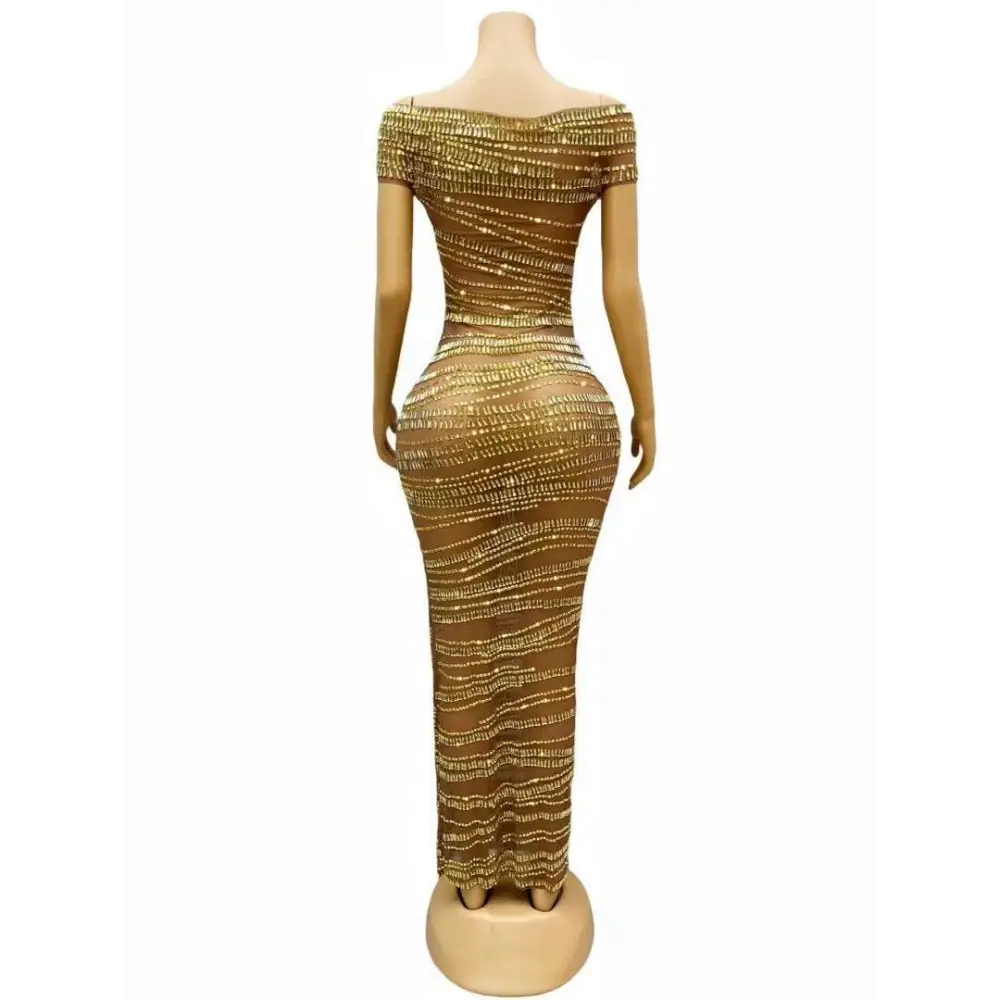 Luxury Shiny Rhinestone Dress Gold Beaded Bodycon