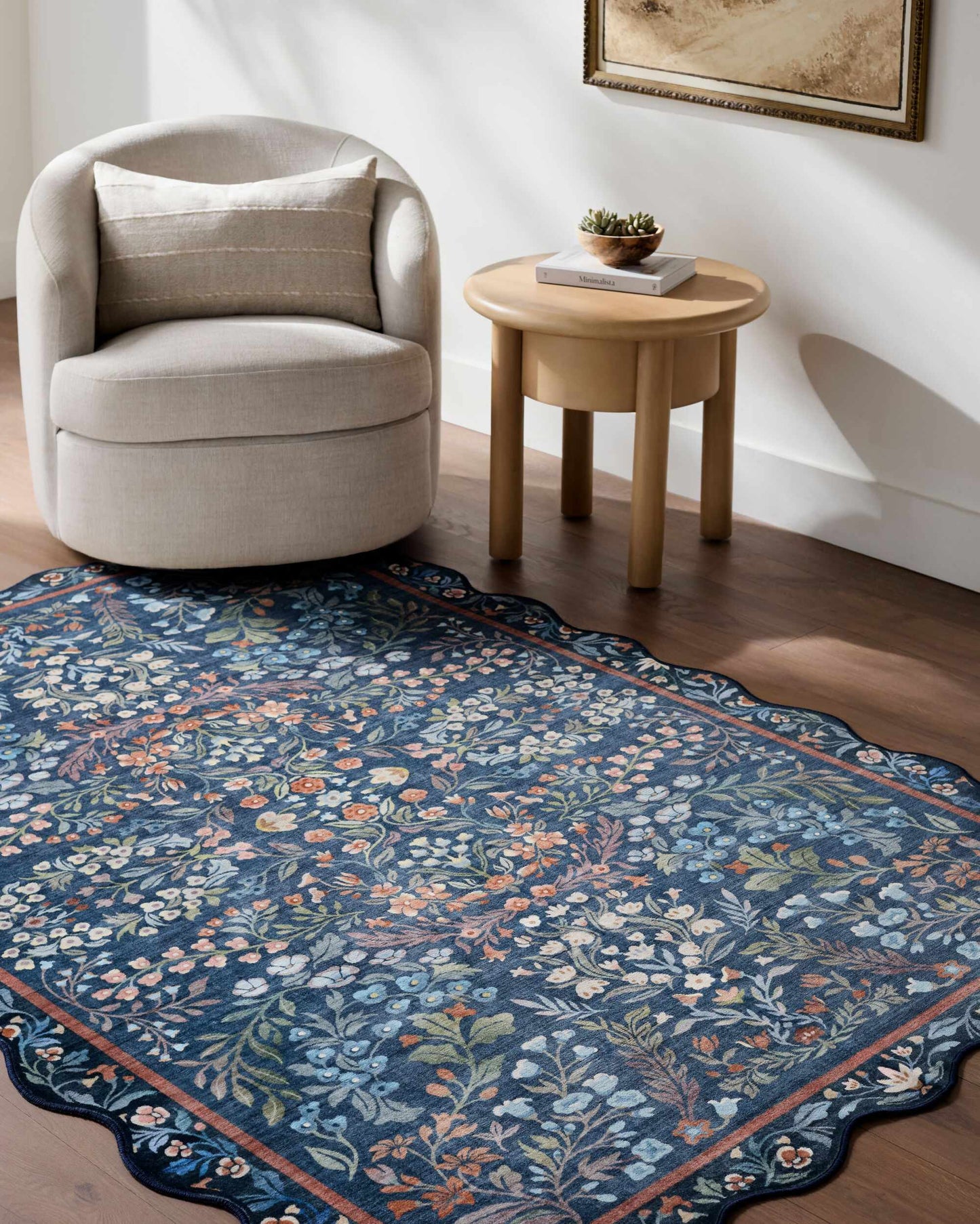 Pepo Blue Floralnature Machine Woven Polyester Washable Area Rug-1