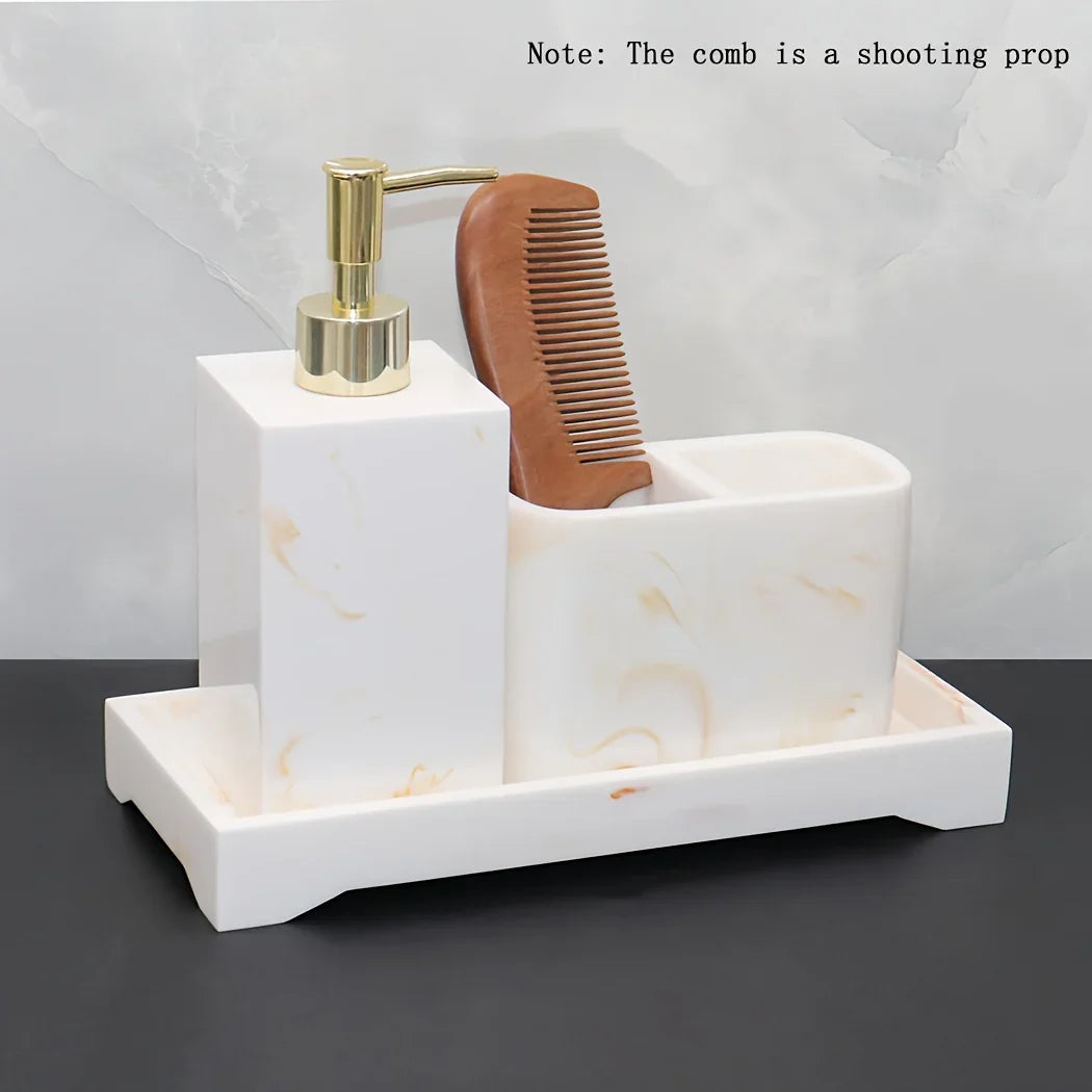 Marble Look Bathroom Accessory Set, 3pcs Includes Soap Dispenser, Toothbrush Holder, and Tray for Home, Restroom, Apartment Decor - Other Material