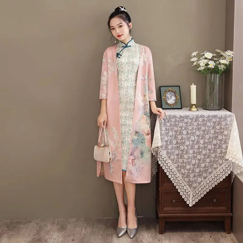 Medium Length Cheongsam Floral Dress Set with Jacket