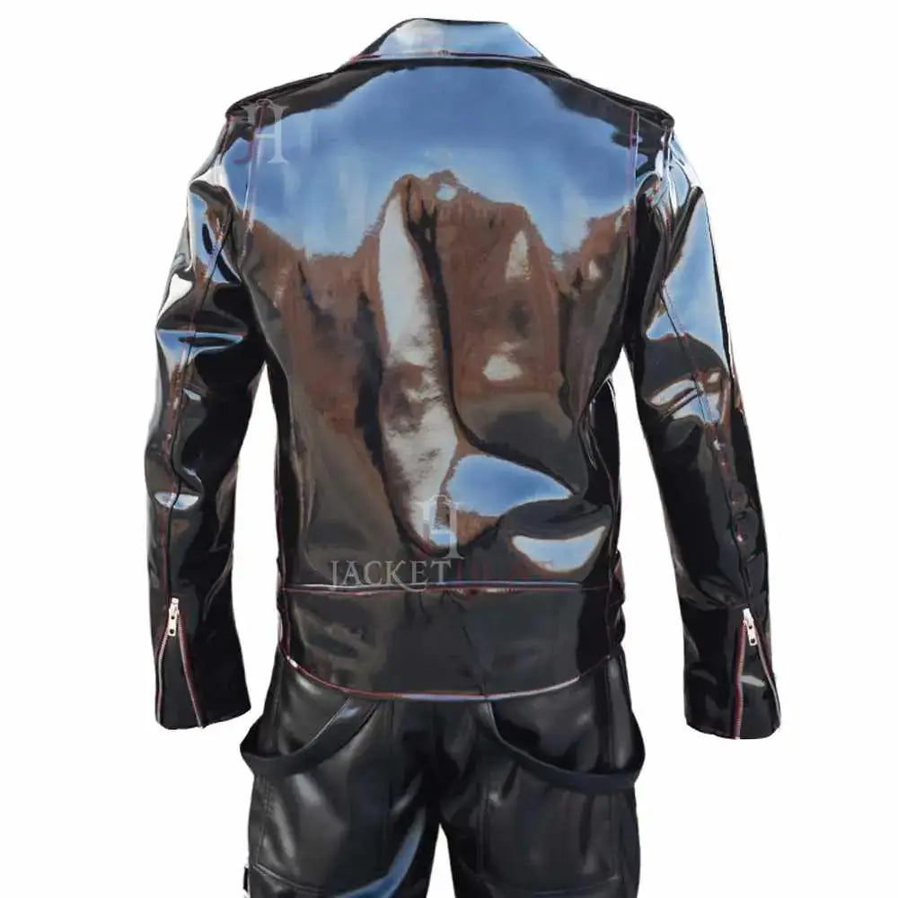 Men's EMO Vinyl Biker Jacket with Gothic Red Stitching-2