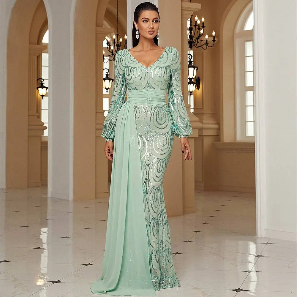 Mint Green Long Sleeve Sexy Sequined Evening Dress
