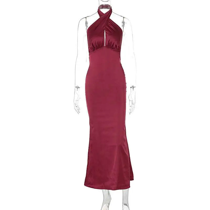 Navy Blue Elegant Backless Sleeveless Satin Gown