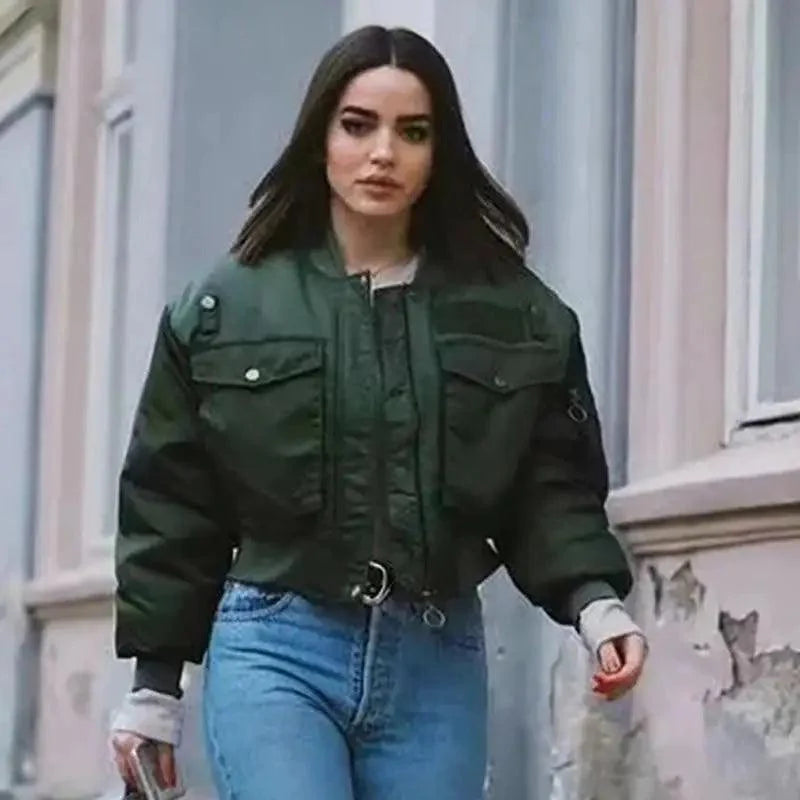 New Classic Design Autumn Winter Green Short Jackets Women Fashionable Long Sleeve Zipper Bomber Jacket Outwear Women's Coat