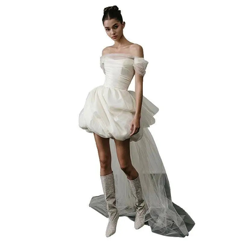 Off-shoulder Tulle White Wedding Dress with Train
