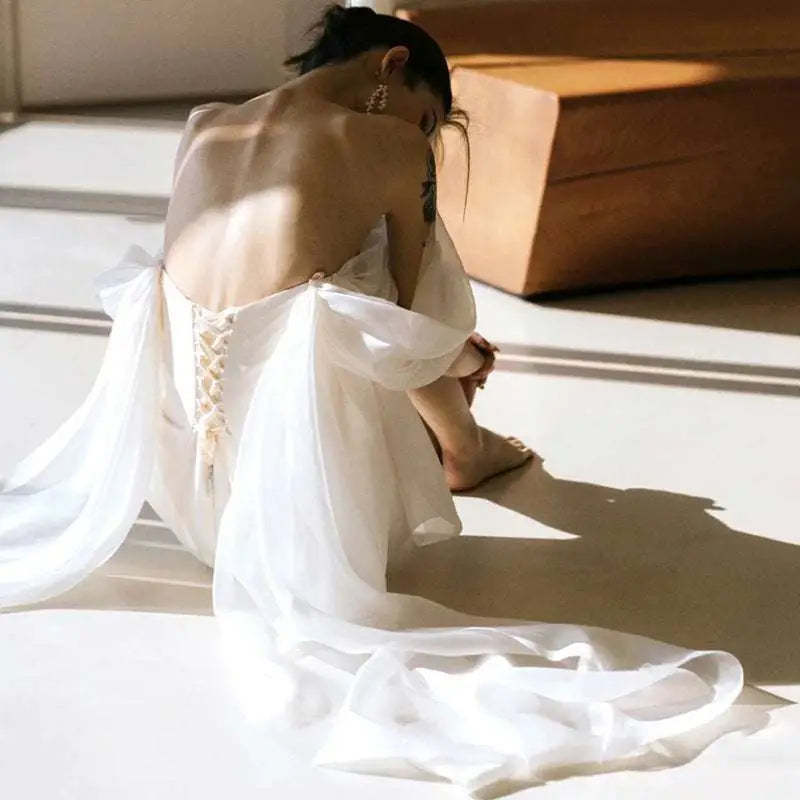 Off the Shoulder Mini Light Wedding Dress with Train
