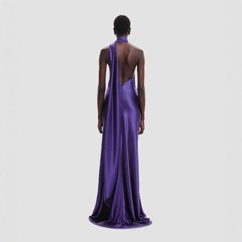 One Shoulder Fitted High Waist Purple Satin Rose Gown