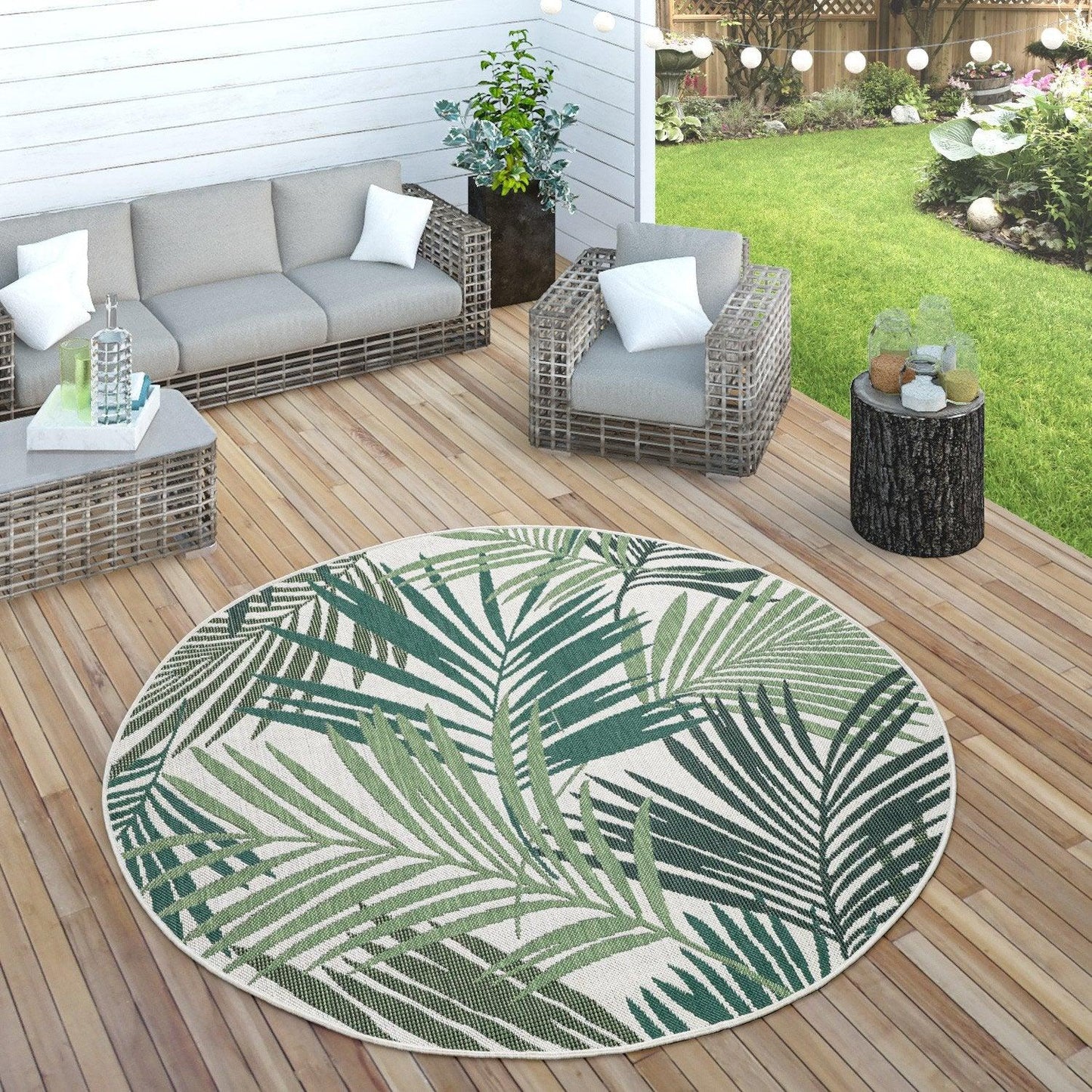 Outdoor Rug Ostende Palm Leaf Pattern - Green White-6