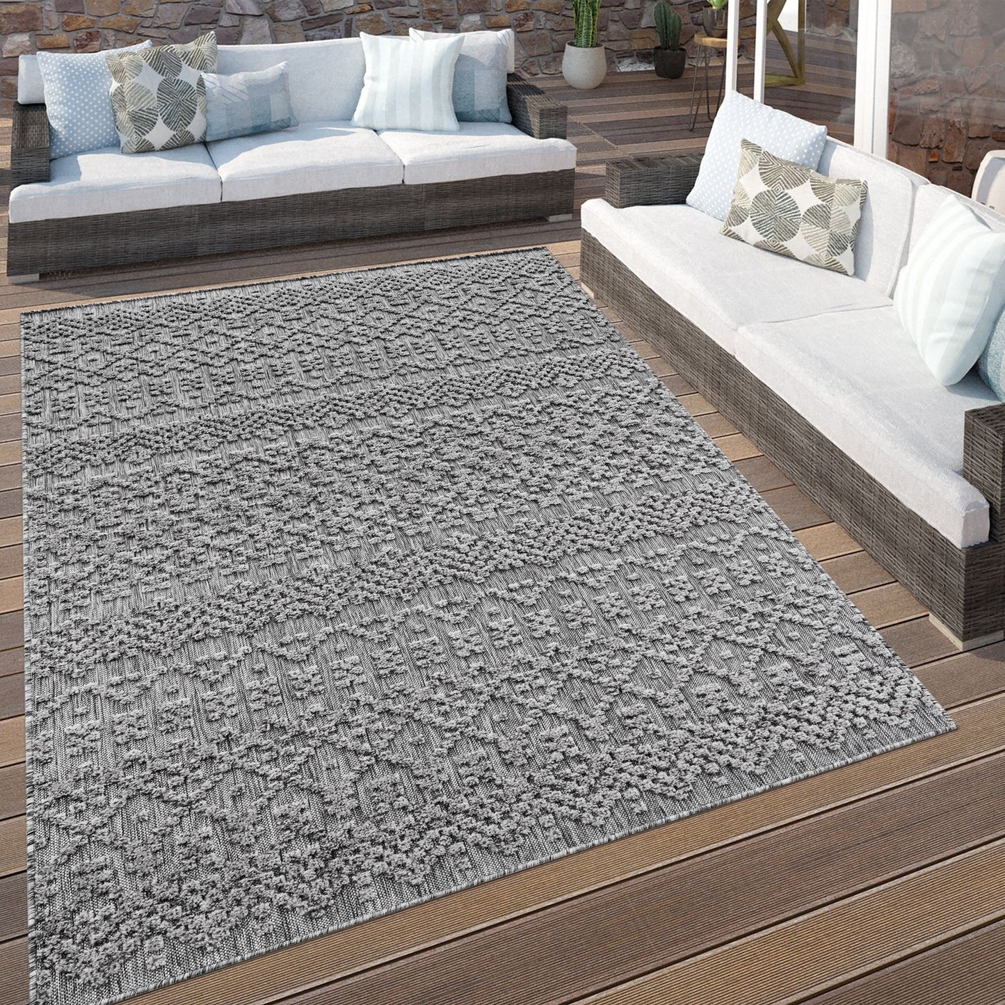 In- & Outdoor Rug Marrakesh High/Low Effect Trellis in Anthracite-4