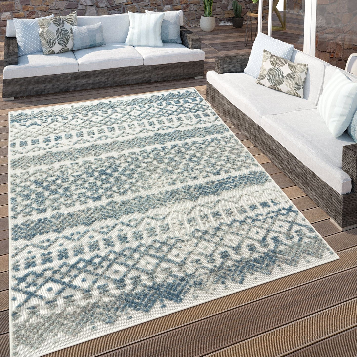 In- & Outdoor Rug Marrakesh High/Low Effect Trellis in Turquoise Cream-4