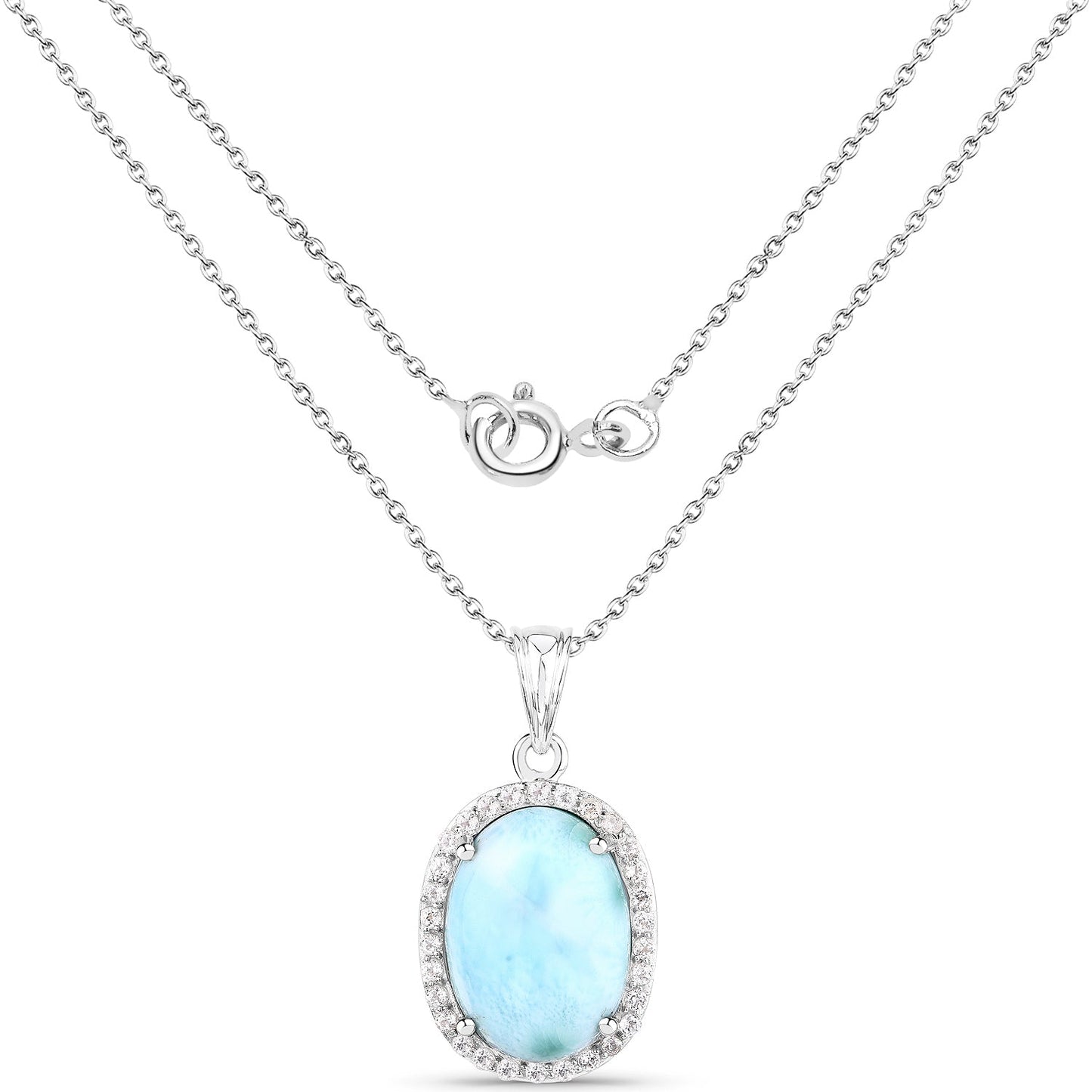 13.55 Carat Genuine Larimar and White Topaz .925 Sterling Silver Pendant