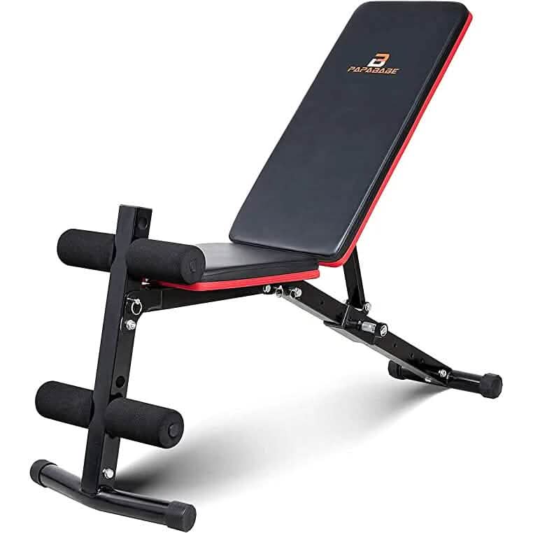 Black and red adjustable weight bench on a white background. PAPABABE Workout Bench with Upgraded Wider Backrest for Bench Press Full Body Workout