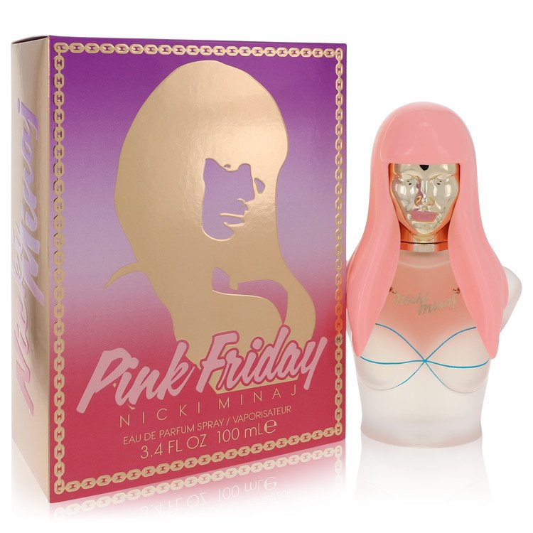 Pink Friday Nicki Minaj perfume bottle and packaging on a white background. Pink Friday by Nicki Minaj Eau De Parfum Spray 3.4 oz for Women