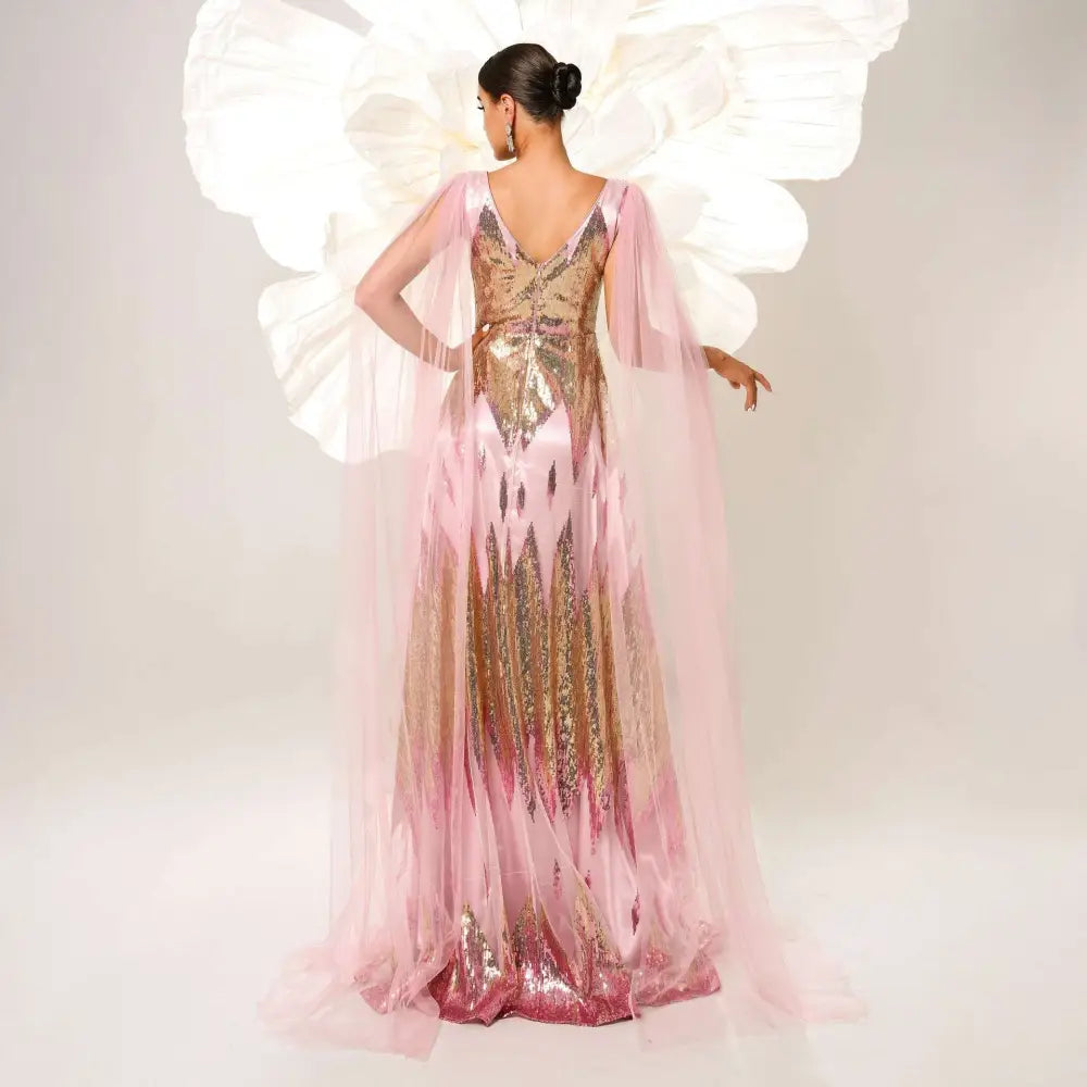 Pink and Gold Mesh Long Sleeve Sequins Large Swing Dress