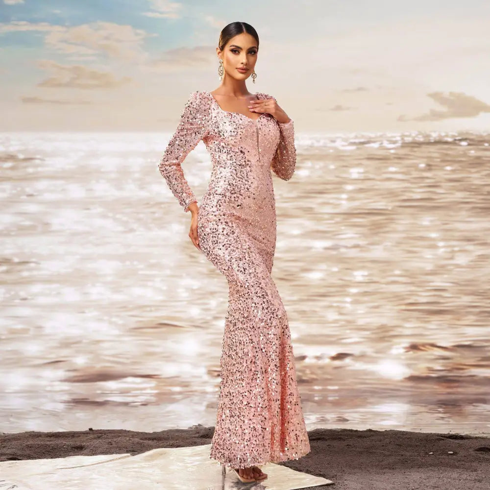 Pink Long Sleeve Sequined Sheath Fishtail Evening Dress