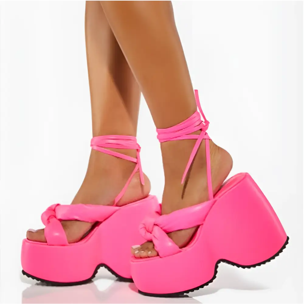 Pink Platform Wedge High Heel Ankle Tie Sandals