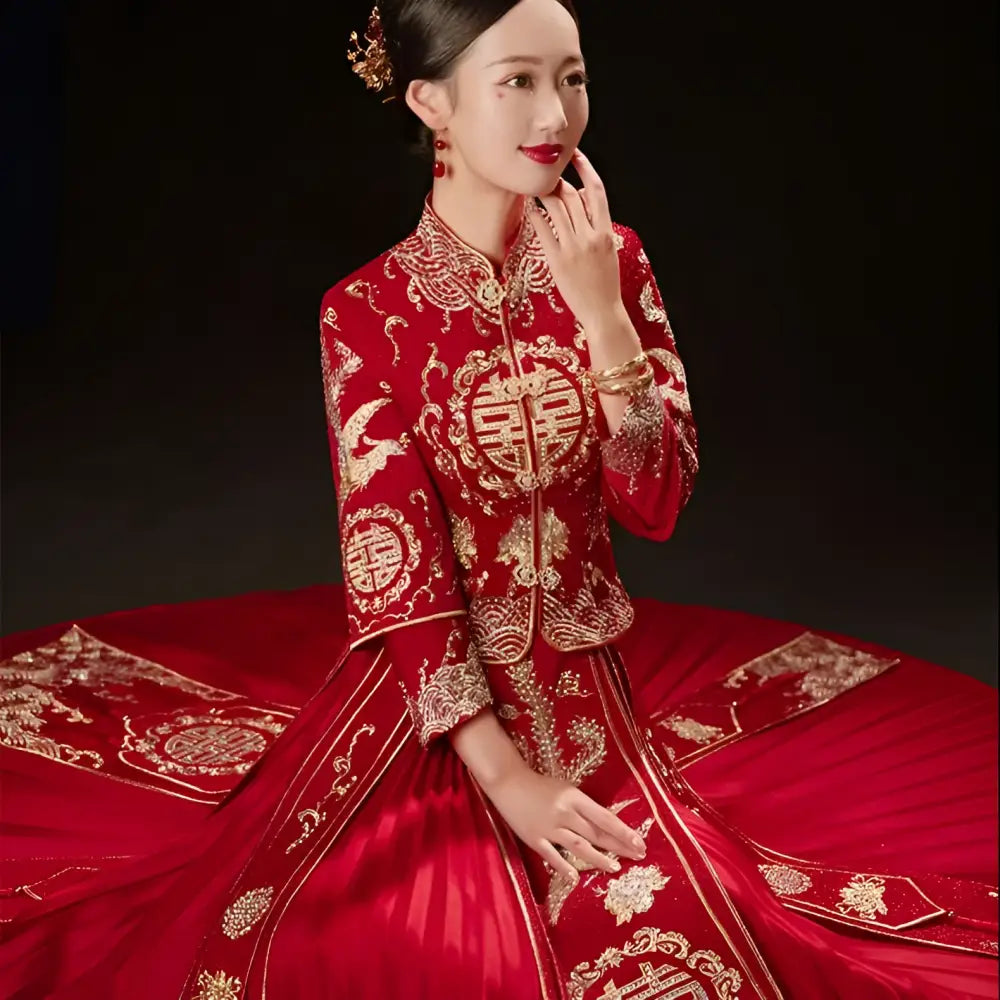 Plus Size Red Dragon Embroidery Slimming Toast Dress
