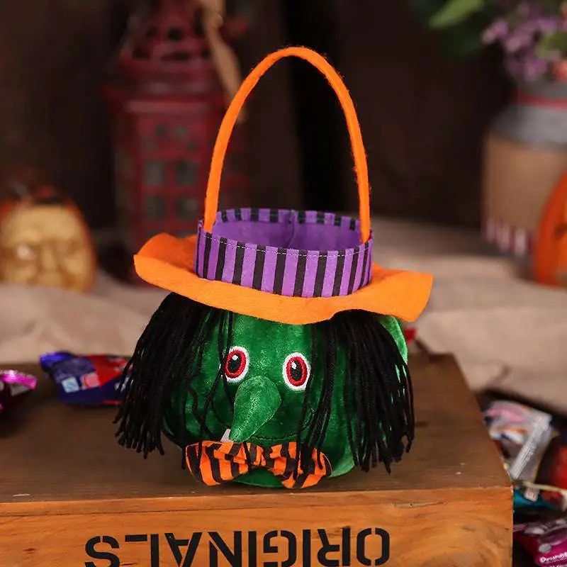 Plush Pumpkin Halloween Candy Bags with Witch Hat