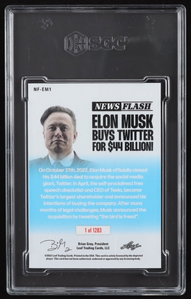 Elon Musk 2022 Leaf Pop Century News Flash "ELON MUSK BUYS TWITTER" #NFEM1 (SGC 9.5)