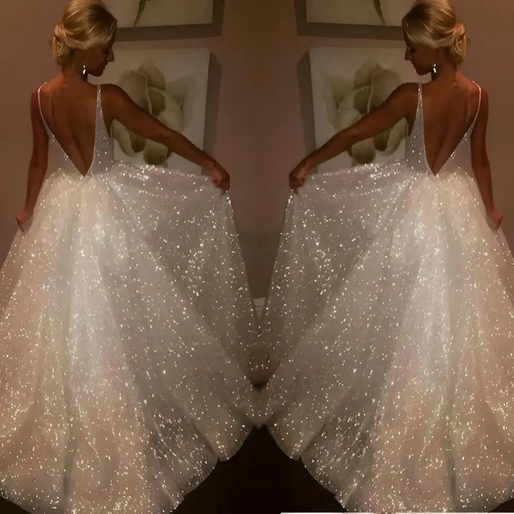 Pure White Sequined V-Neck Wedding Evening Dress