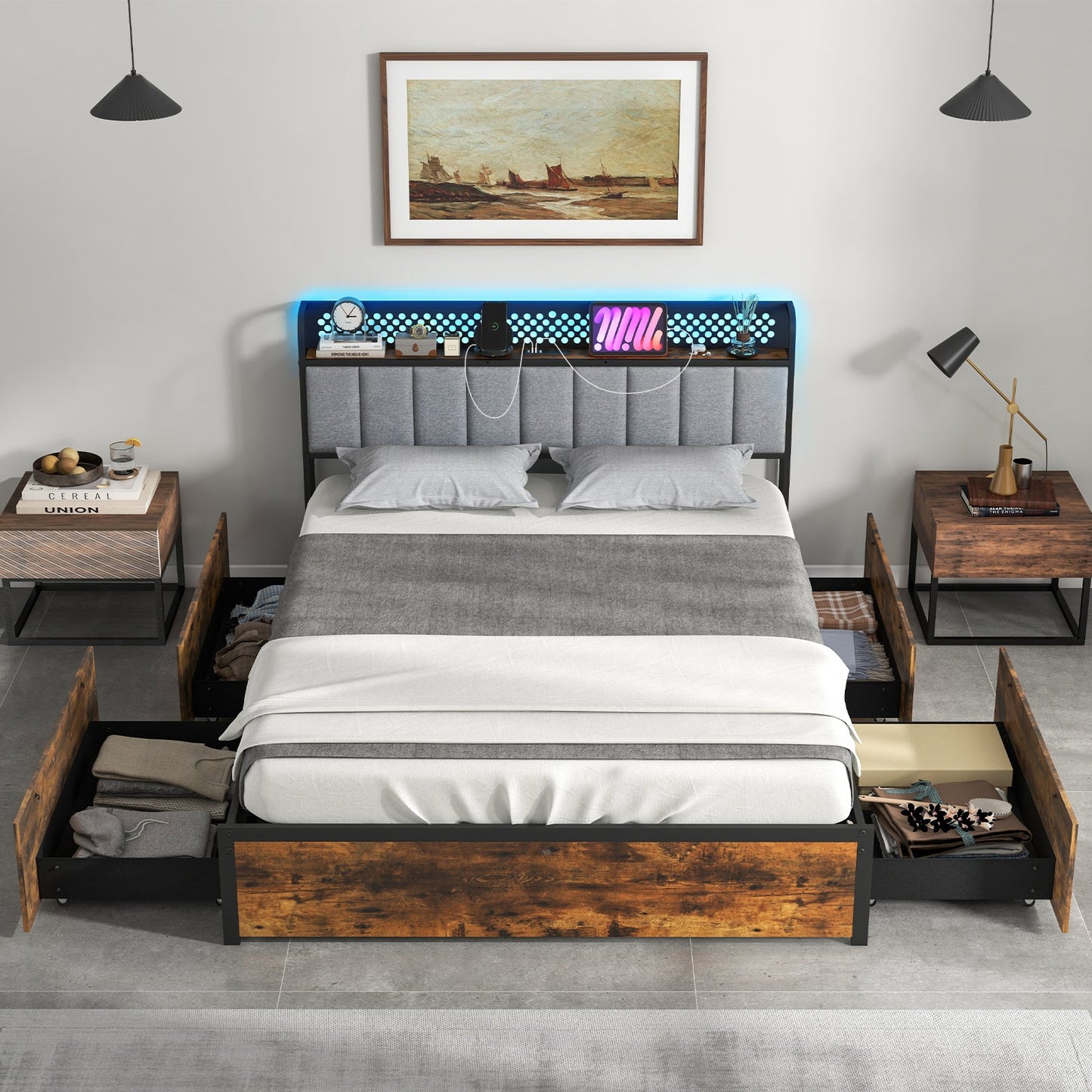 Modern bedroom setup with a bed, nightstands, and wall art.