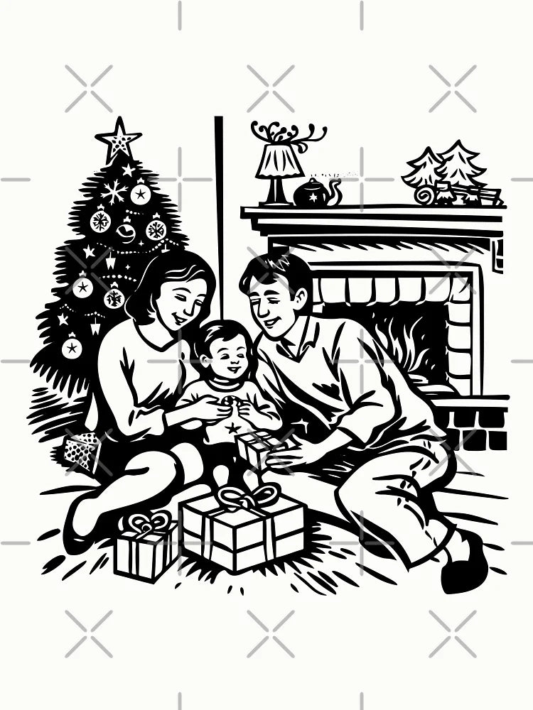 Family Opening Gifts by Fireplace – Nostalgic Christmas Illustration in Black and White