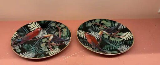 RARE FANCY HOME COLLECTION DESSERT PLATES, TOUCAN SET OF 2