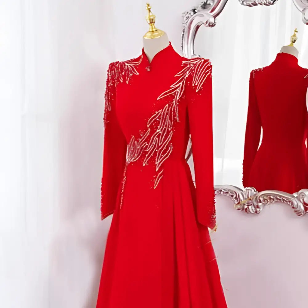 Red Beaded Long Sleeve Formal Evening Gown