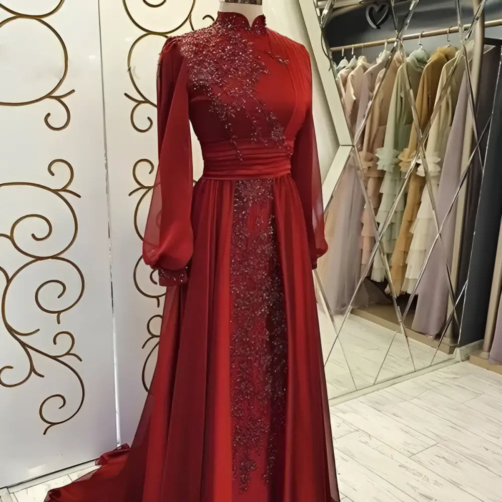 Red Beaded Stand Collar Luxury Long Sleeve Gown