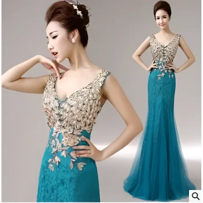 Red Gold Beaded Fish Tail Banquet Evening Dress
