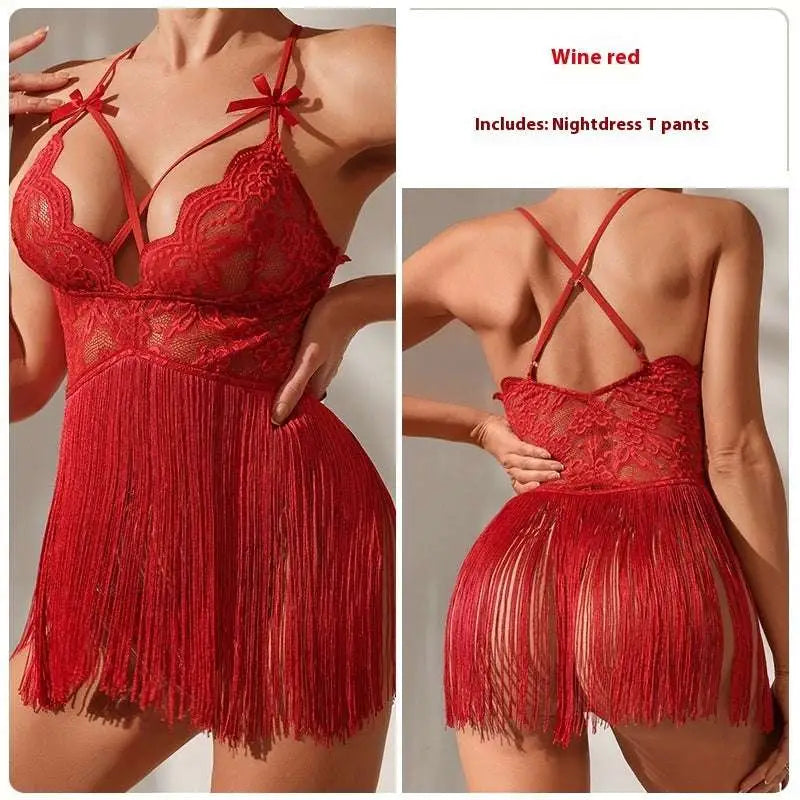 Red Lace Fashion Lace Sling Night Skirt Suit