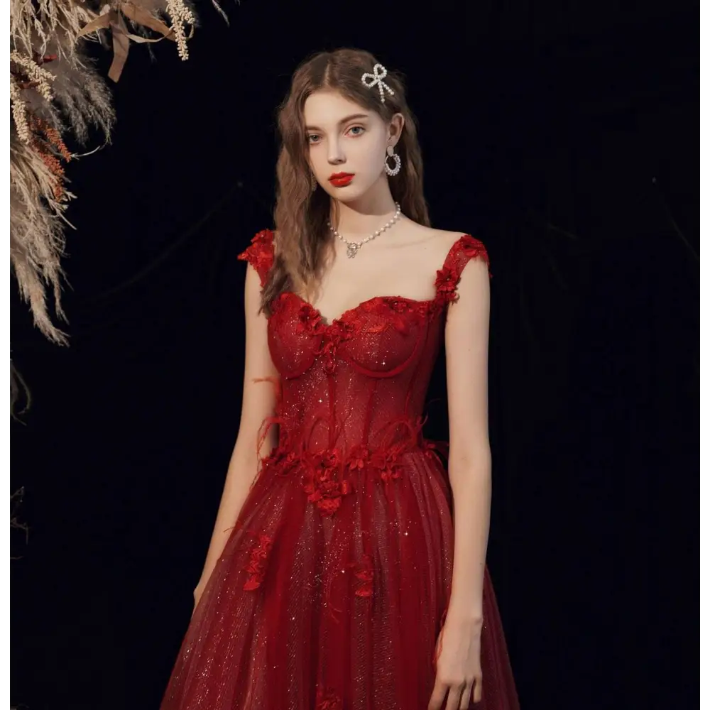 Red Lace Off Shoulder Wedding Toast Dress