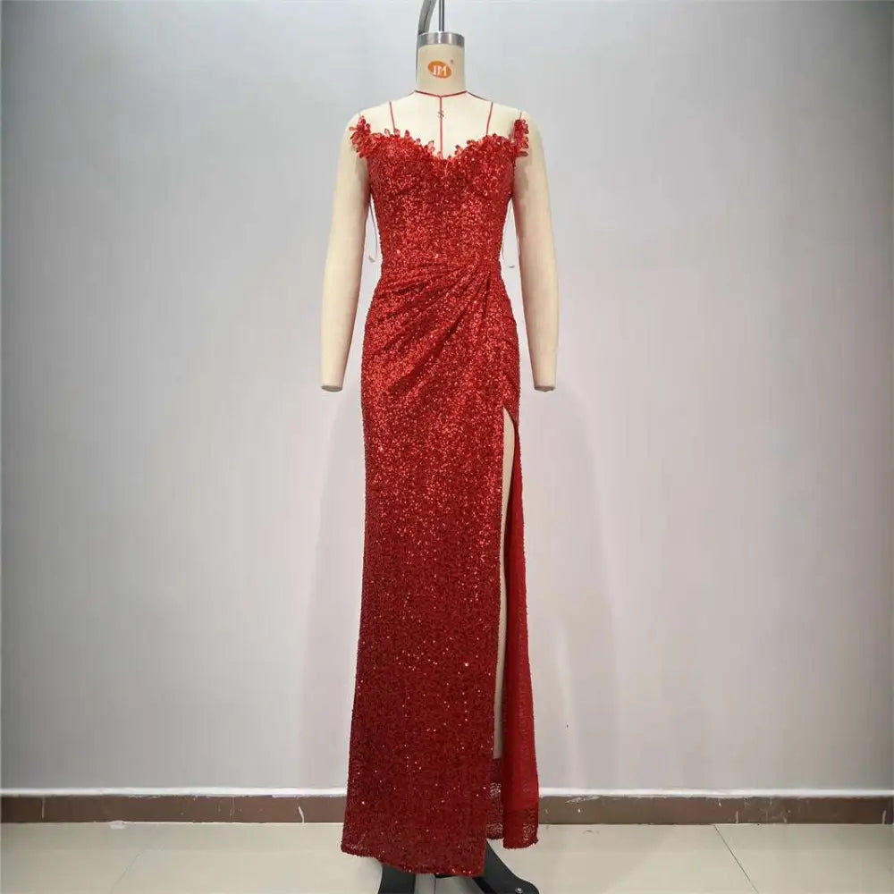 Red Paillette Tube High Slit Sequin Gown