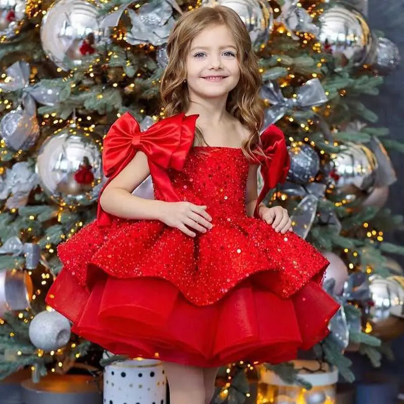 Red Princess Dress with Tulle Tutu and Bow Sleeves