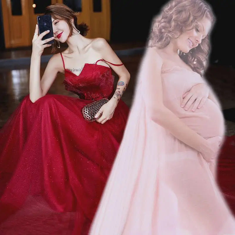Red Satin Engagement Suspender Evening Dress