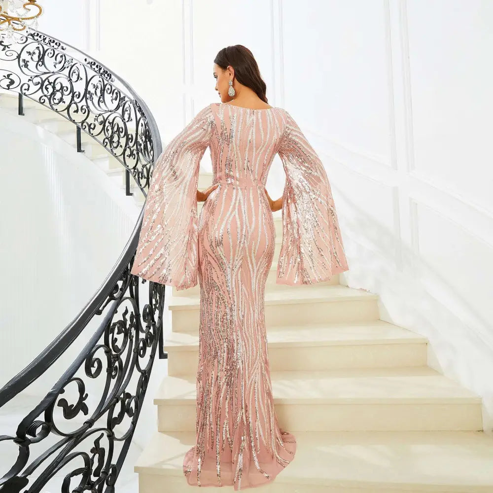 Rose Gold Long Sleeve Sequined Fishtail Dress
