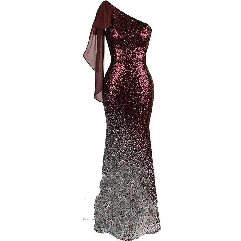 Rose Gold Ombre One Shoulder Fishtail Sequin Evening Dress