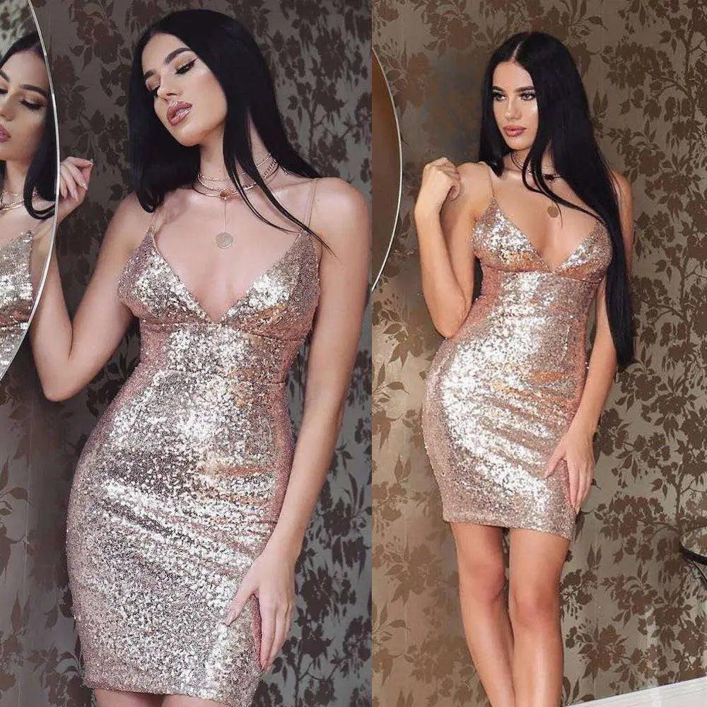 Rose Gold V Neck Strap Sequin Dress