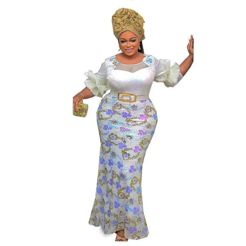 Round Neck Slim Fit Half Sleeve Floral Evening Dress