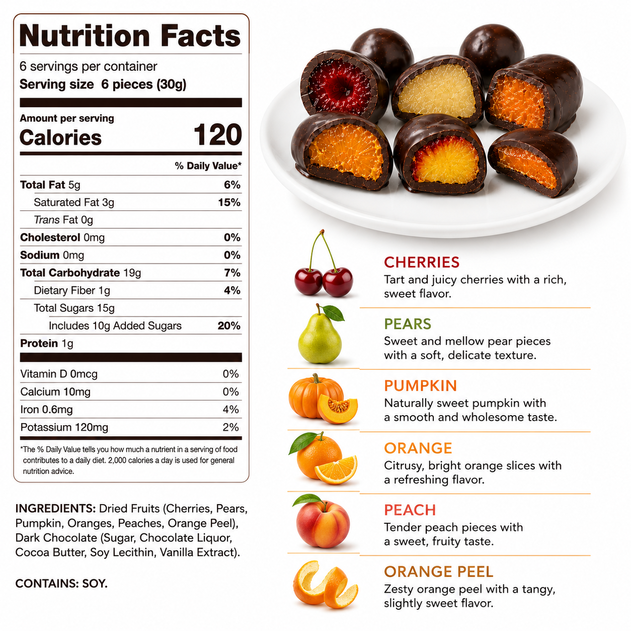 ANDY ANAND Chocolate Covered Fruits Collection Gift Box, 20 Pieces – Cherry, Pear, Pumpkin, Orange, Peach & Orange Peel Covered in Premium Dark Chocolate, Gourmet Fruit Assortment, California Made, Gift Ready