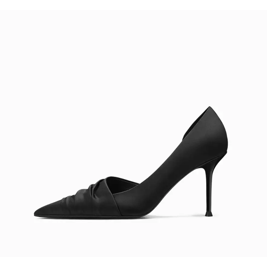 Ruched Black Cloth Satin Pointed High Heels